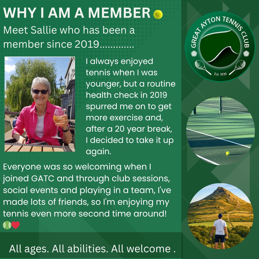 AytonClub23's tweet image. ✨ Member Spotlight: Sallie
Inspired to get active? Try Great Ayton Tennis Club 🎾
Friendly, local, and open to everyone:
🎾 New? Welcome
🎾 Returning? Perfect
🎾 Just for fun? You’ll fit right in
#Community #GetMoving #TennisLife #GreatAytonTennis