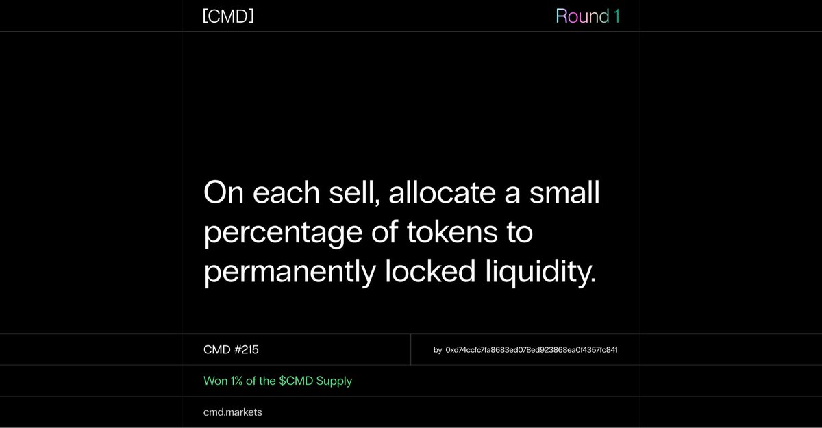 token_works's tweet image. Round 1 is over.

“On each sell, allocate a small percentage of tokens to permanently locked liquidity” will be applied to the $CMD token when it launches.

Round 2 has 2 hours remaining.