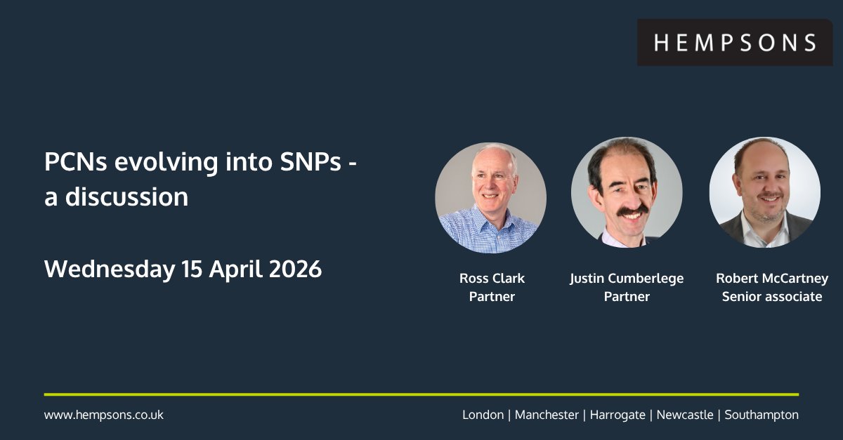 hempsonslegal's tweet photo. There’s still time to book your free place on our webinar ‘PCNs evolving into SNPs – a discussion’, happening tomorrow at 1pm. The team will cover several aspects such as geography, should you be a company and who will be the commissioner? Book here: : https://t.co/PuS4QrRbd1 https://t.co/Irboqa4r7D