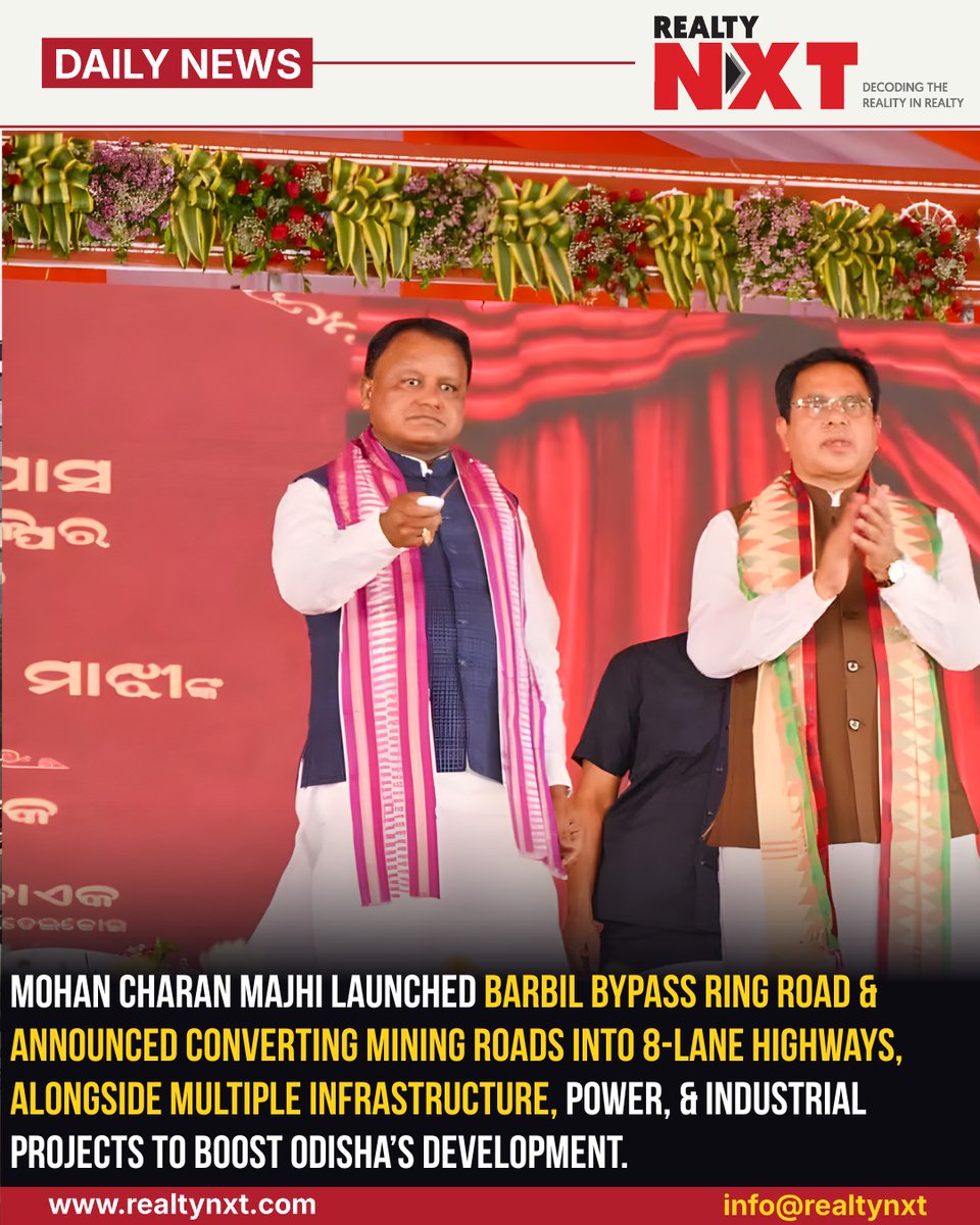 RealtyNXT's tweet image. #News |  @MohanMOdisha   laid the foundation for the Barbil Bypass Ring Road and announced plans to convert mining roads into 8-lane highways, alongside multiple infrastructure projects in Odisha.

#RealtyNXT #OdishaNews #Infrastructure #Barbil #HighwayDevelopment #IndiaGrowth