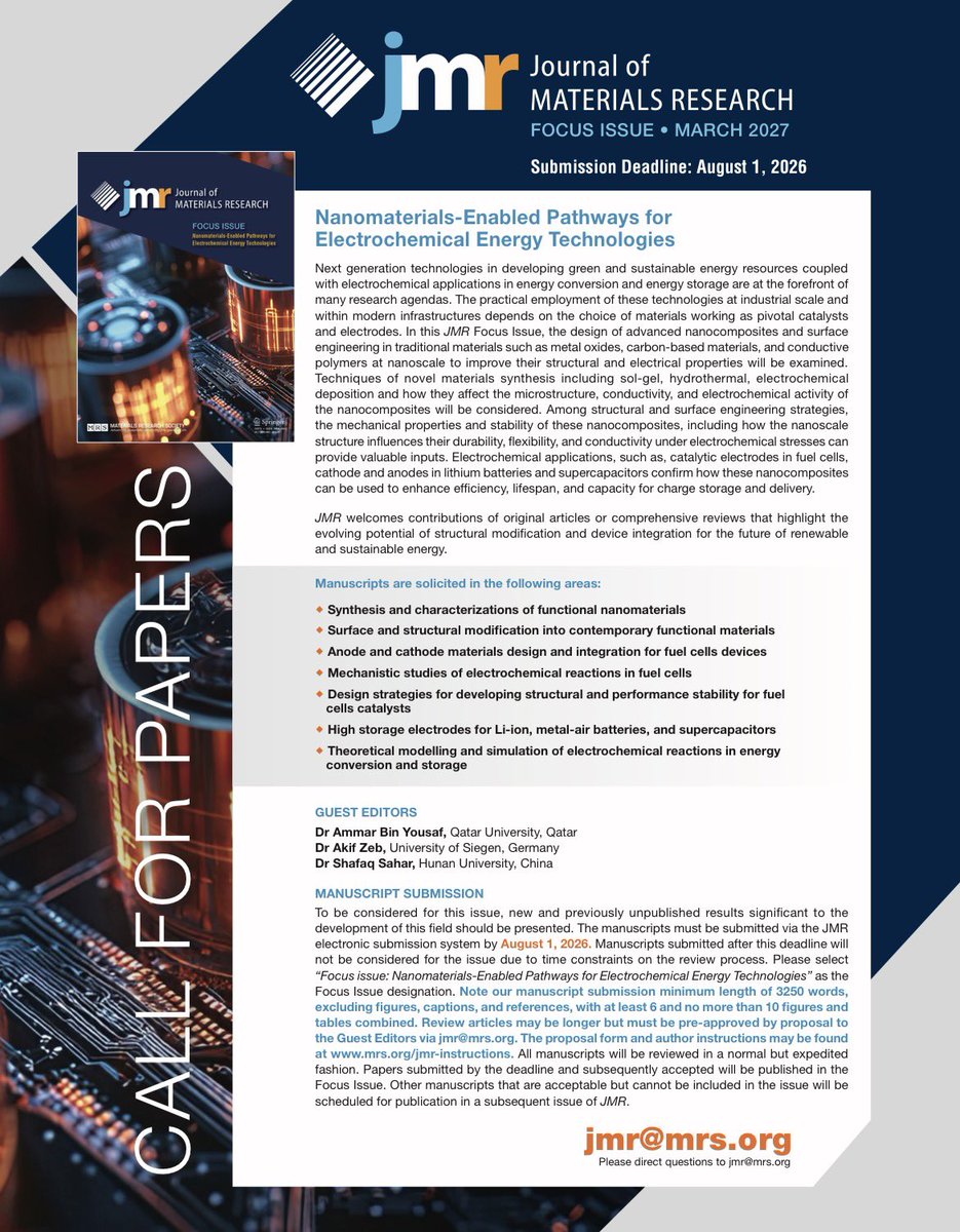 PhdZeb's tweet photo. Call for papers: Nanomaterials-Enabled Pathways for Electrochemical Energy Technologies in Journal of Materials Research (@SpringerNature, IF 2.9, Q2). Work on NMs for energy storage/conversion and electrochem welcome. Hybrid journal, optional OA. Submission upto: Aug 1, 2026. https://t.co/Y1DfMt0YjV