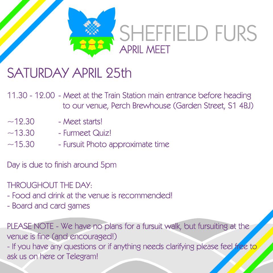SheffieldFurs's tweet photo. 🐾Sheffield Furmeet • Saturday 25th April🐾

Due to popular demand (and last month's confusion) we've added a rough time for the fursuit photo - hope this helps https://t.co/iFsG816MBt
