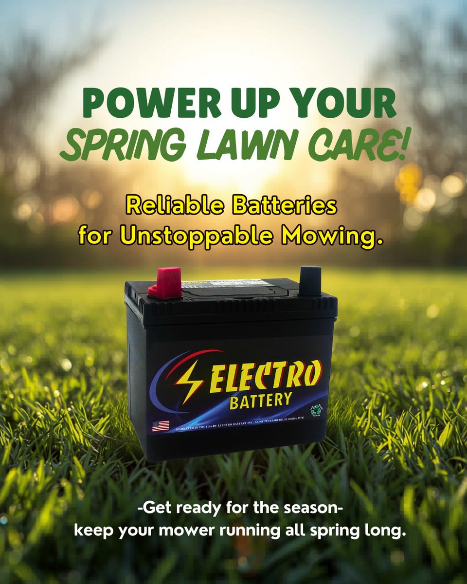 Electrobattery's tweet photo. Hey there, garden folks! 🌿 It's just the perfect time to prep your mower's battery for spring’s glory! Here's a little tip: after winter’s rest, give your battery a gentle wipe and secure it snugly. Charge it fully to keep your trusty mower roaring smoothly.#electrobatteryinc 🌼 https://t.co/2zQ7FI50wy