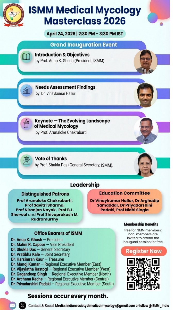 ISMM_India's tweet photo. Join us for the Grand Inauguration of the ISMM Medical Mycology Masterclass 2026.
📅 24 Apr 2026 | 🕒 2:30–3:30 PM IST
Expert insights &amp; national faculty await. Register herehttps://forms.gle/fju8mmZYiBcbGm4W7 https://t.co/lqEdWyGB0J