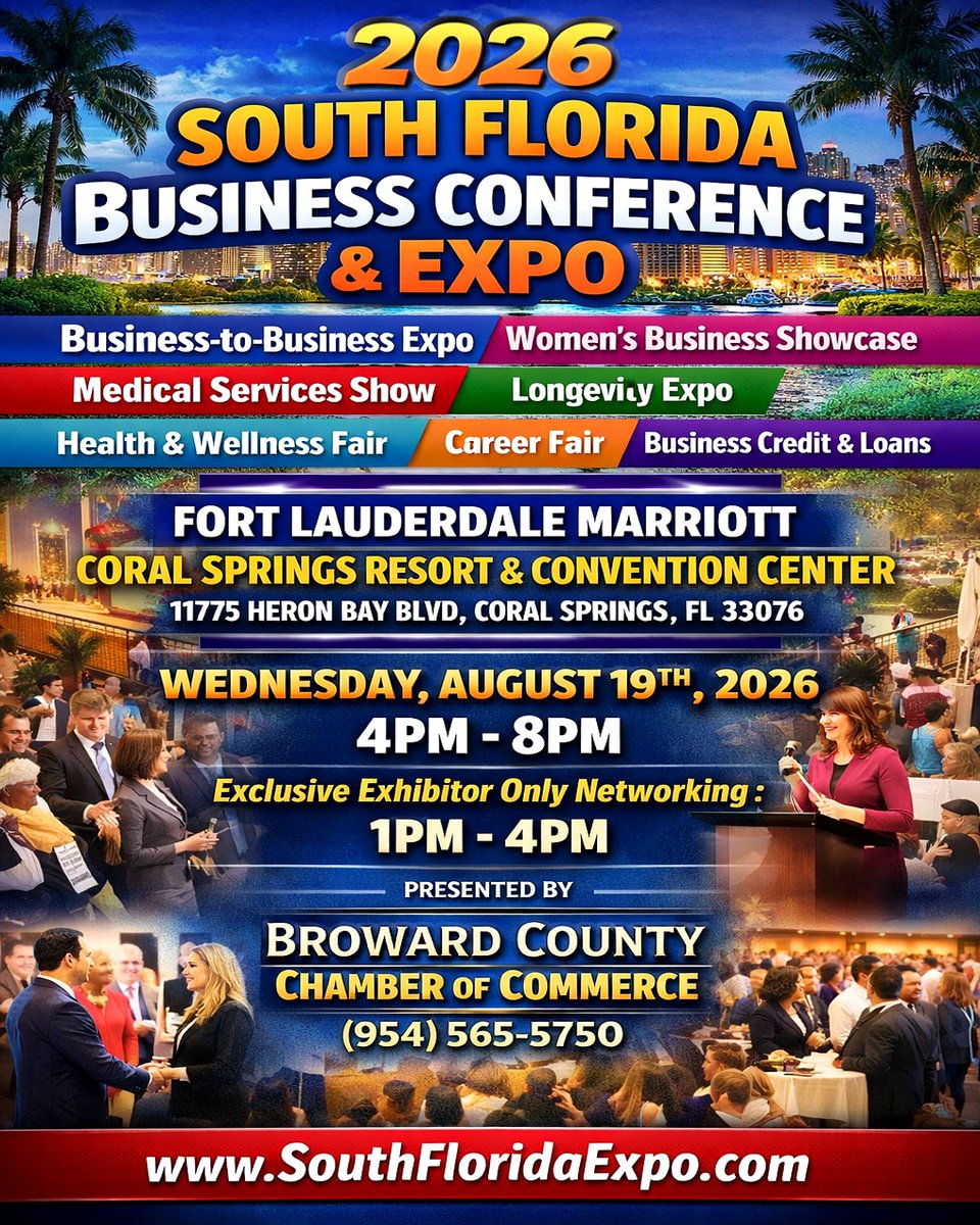 South Florida's premier business expo connecting exhibitors with decision-makers, generating leads, partnerships &amp; real growth opportunities
South Florida Business Conference &amp; Expo 2026.

Register to Exhibit at SouthFloridaExpo.com

Showcase Your Company. Elevate Your Brand.