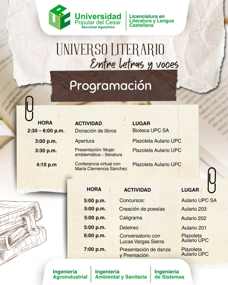 Las palabras cobran vida en la UPC Aguachica con "Universo Literario: Entre letras y voces" .
Una jornada dedicada a celebrar la literatura, la creatividad y el poder de la expresión. Te esperamos. 
¡El conocimiento se siente y se vive!