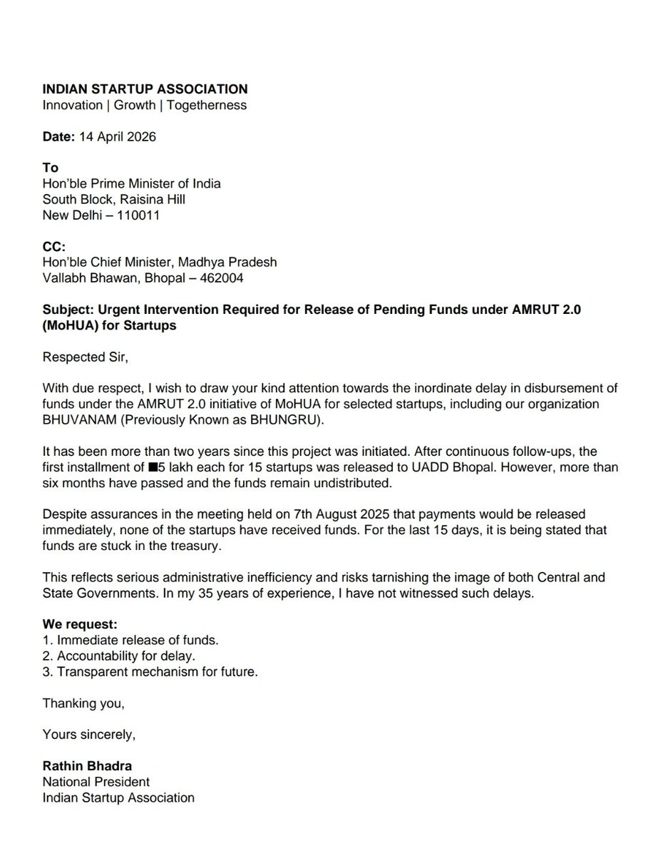 press_share's tweet photo. Over 2 years delay under #AMRUT2.0 funds released but still stuck for 15 startups working on water &amp; sustainability. Urgent intervention needed from Hon’ble PM @narendramodi  &amp; CM @DrMohanYadav51  to ensure accountability &amp; immediate release. @Republic_Bharat @KailashOnline https://t.co/ty96CCK9xd