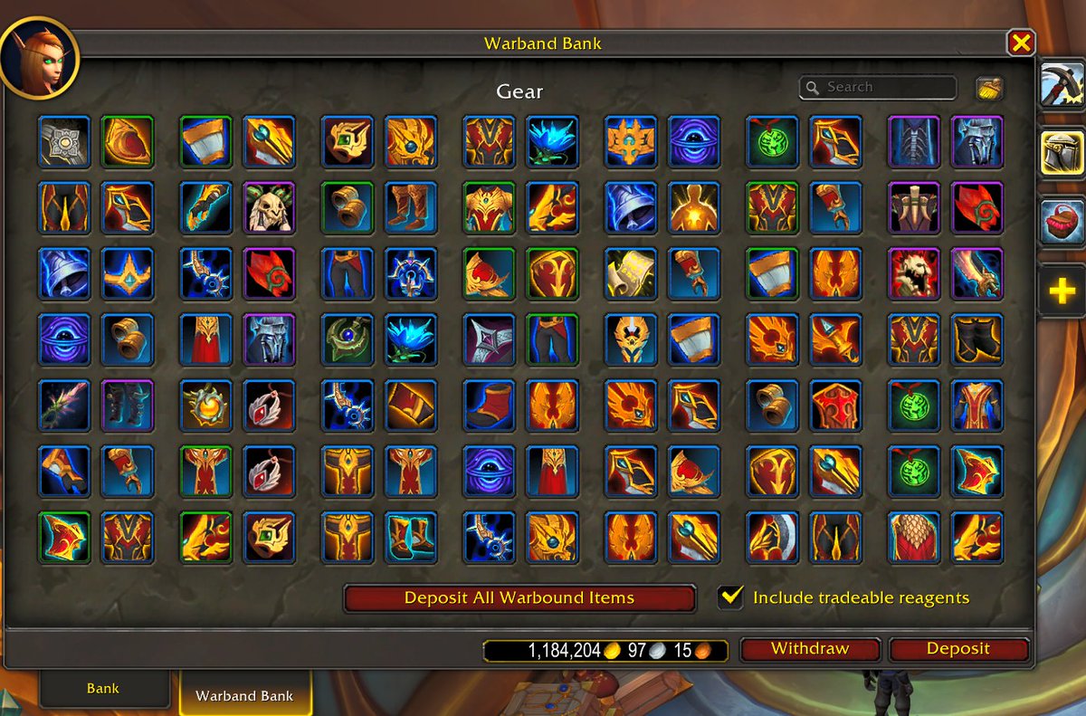 TheNightblood's tweet photo. Gathered another full Warbank tab with Warbound gear, for my alt with Enchanting to Disenchant.
Mass disenchant button soon @Warcraft ? Hihi ;) https://t.co/bVyiEbQFDR