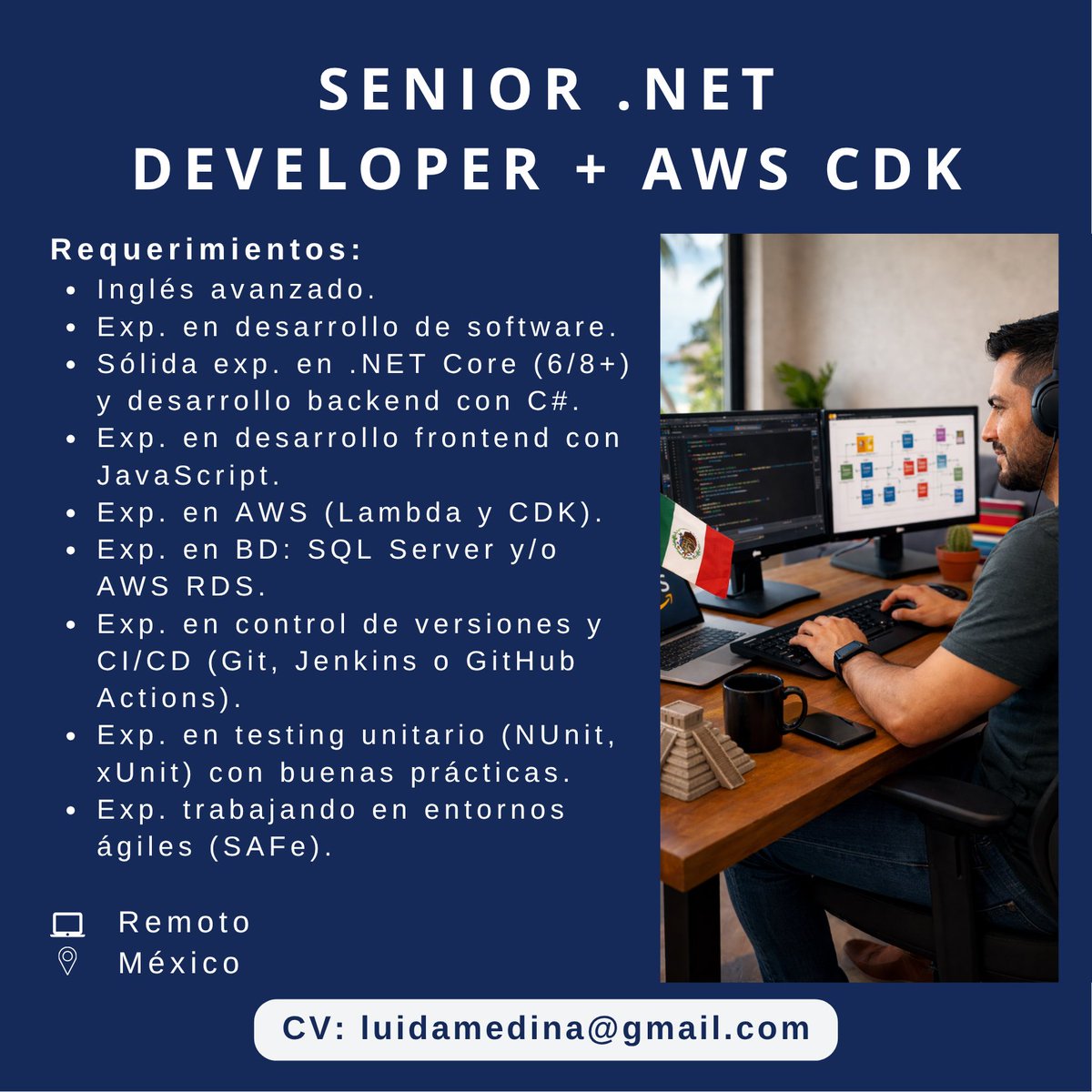 📢 Oportunidad Laboral | #México
Si te apasiona construir soluciones escalables en la nube y trabajar en equipos ágiles distribuidos, esta oportunidad puede ser para vos 👇
#Hiring #DotNet #AWS #RemoteJobs #SQL #SoftwareEngineering #TechJobs #Backend #FullStack #DevOps #SAfe