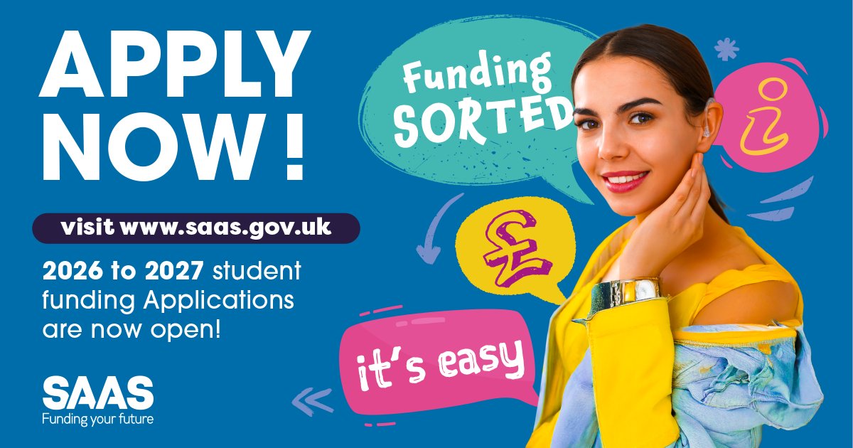 saastweet's tweet photo. We're open for applications!📢

Going to college or uni this year? You must apply to SAAS for your tuition fees, student loans, grants and bursaries 👇

Apply by 30 June and we guarantee you'll have your money in place by day 1 of your course: https://t.co/b1RWhGun6Q #StartWithSAAS