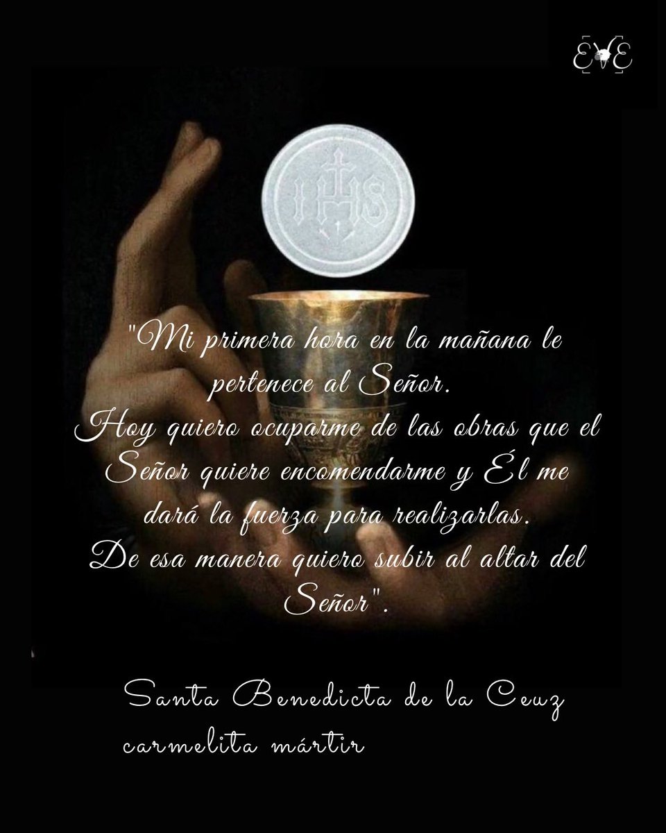 "Mi primera hora en la mañana le pertenece al Señor. 
Hoy quiero ocuparme de las obras que el Señor quiere encomendarme y Él me dará la fuerza para realizarlas.
De esa manera quiero subir al altar del Señor".

Santa Teresa Benedicta de la Cruz. Carmelita mártir
