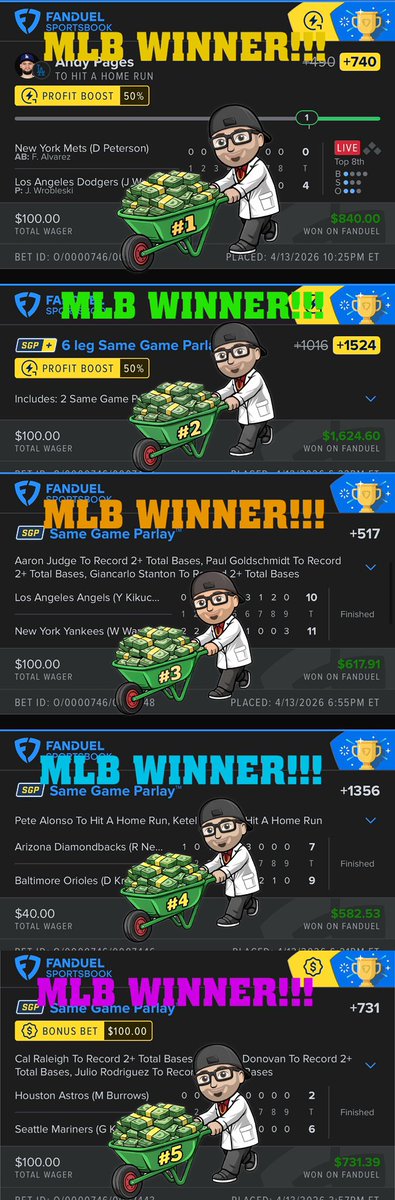 FanduelGuru777's tweet image. Good morning fam!!! ☀️

WHAT A START TO THE WEEK!!! 💥

We hit FIVE winning MLB tickets yesterday!!! 💰💰💰💰💰

We go again today!!!✅🏀⚾️🌪️

Get 50% off today and cash tonight!!!

dubclub.win/r/p/pri-2sdbc/…

TIME TO START WINNING!!!💪🏻🌪️💰
#TrustTheProcess @DubClub_win