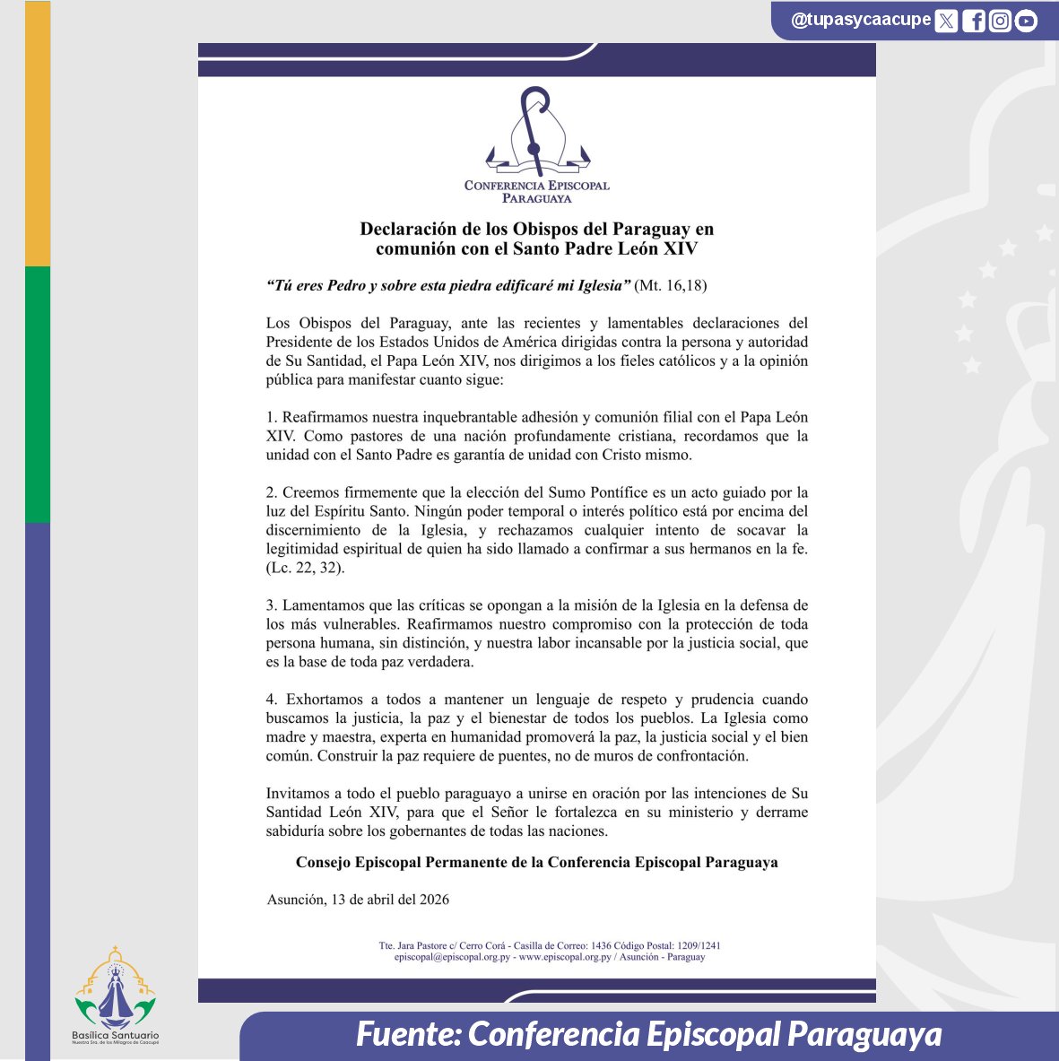 Desde la Conferencia Episcopal Paraguaya, reafirmamos nuestra comunión con Su Santidad, el Papa León XIV, sigamos rezando por la paz.
🔵🟡🟢
-----
Vía: <a href="/episcopalpy/">conferencia Episcopal Paraguaya</a>