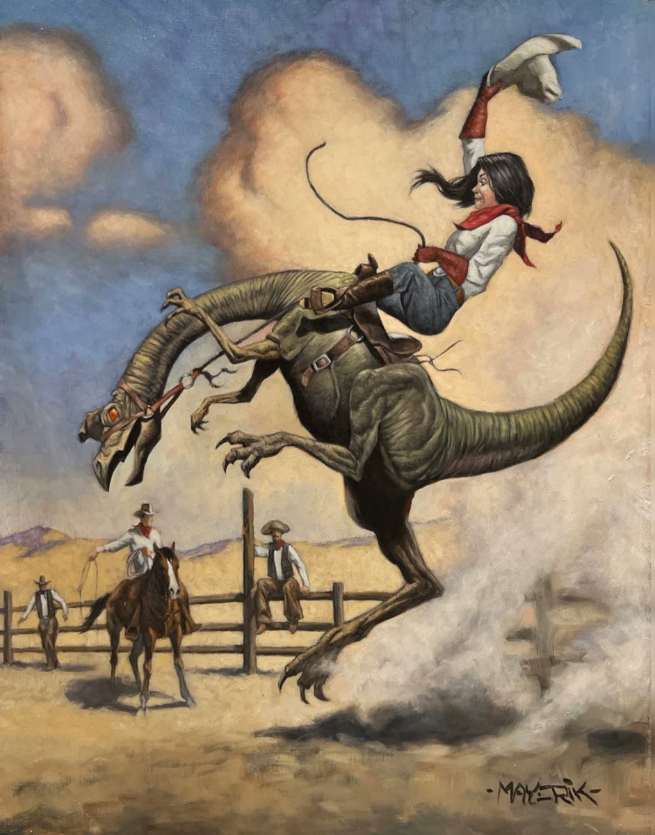Koprolitos's tweet photo. #Indios, #vaqueras y #dinosaurios con Val Mayerik:

▶️ https://t.co/1xnuzfw9PB
#dinosaur #farwest #western #illustration https://t.co/ppD3VUIc52