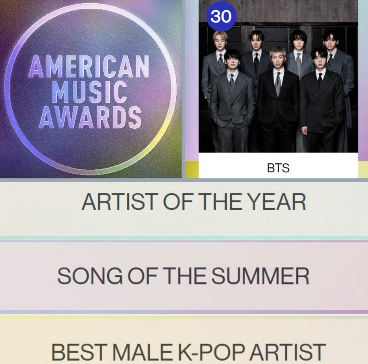 🚨[VOTA POR BTS EN LOS #AMAS]🚨

¡BTS esta nominado en 3 categorías de los AMAS 2026!

•Artist of the Year
•Best Male K-Pop Artist
•Song of the Summer — SWIM

🗳️LINK: (vote.theamas.com)
✅️30 votos por día, cuenta y categoría.

Votación en instagram | DETALLES ABAJO 👇