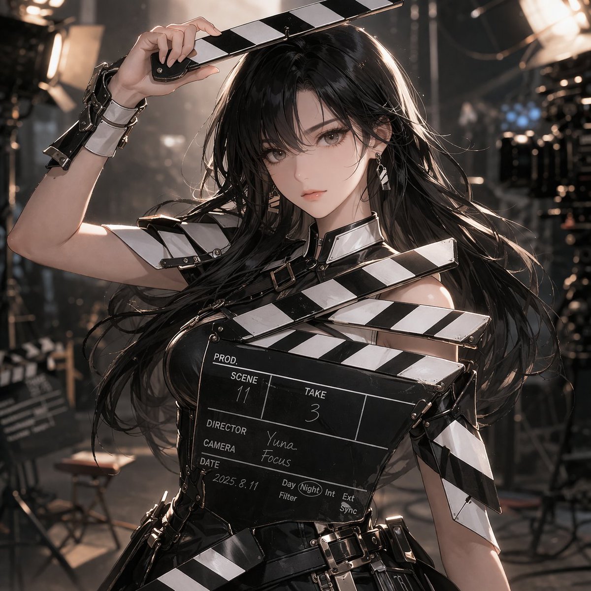 AnimeGirlADay's tweet photo. Meet Clapard, the embodiment of the "Clapboard" concept.
Clapard syncs audio and video using a visual and audio marker, making her essential for editing. She records key details—scene, take, and roll—to organize footage in post-production.
#clapboard #animegirl #anime #AI #AIart https://t.co/c75KqKM9EO