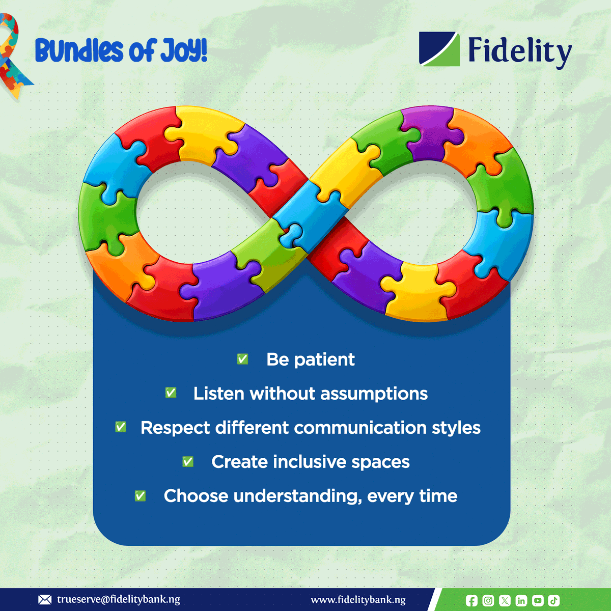 fidelitybankplc's tweet image. Hey Fidelity Fam, Inclusion isn’t always about big gestures.
Sometimes, it’s in the quiet choices we make every day.

A little patience.
A little understanding can go a long way.
Autism and Humanity - Every life has Value. 

#InclusionMatters #AutismAcceptance #WeAreFidelity