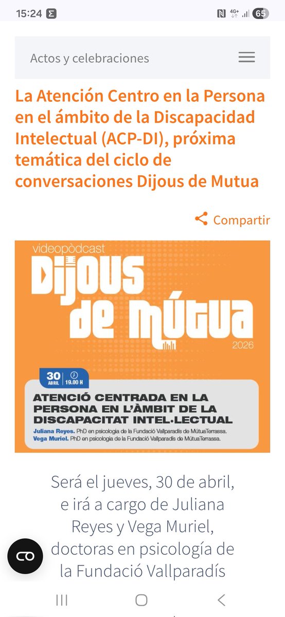 InfocomS's tweet image. #Cuidados #ACP

☀️ La atención Centrada en la Persona en el ámbito de la Discapacidad Intelectual (ACP-DI @acpgerontologia), próxima temática del ciclo de conversaciones Dijous de @Mutua_Terrassa

🗓 30 de abril 

mutuaterrassa.com/es/dijous-mutu…
#DiscapacidadIntelectual