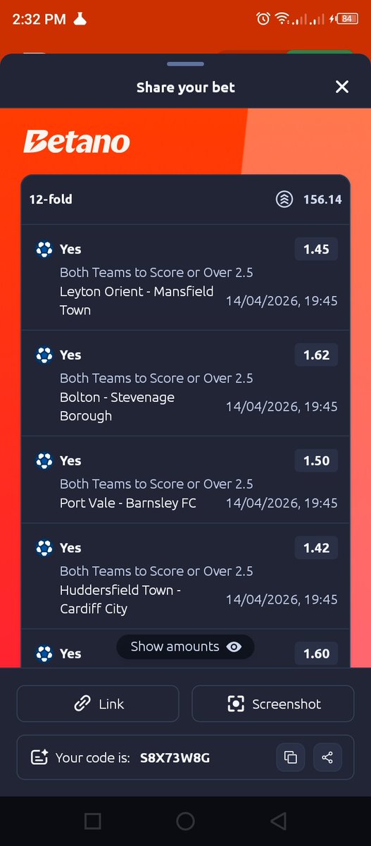 Holarhideh1's tweet image. England lower divisions ✨ 

SPORTYBET 👇🏻 

Indiv most Scoring half  
YWZ4SL 👉🏻 1k+ odds 

2nd most scoring half 👇🏻
K47HL2 👉🏻 350+ odds 

Over 1.5 👇🏻
HLTV95 👉🏻 40+ odds

BETANO 👇🏻 

GG or Over 2.5 ✨
S8X73W8G 👉🏻 150+ odds 

Full Time Corner 👇🏻 
DFMDWMFW 👉🏻 50+ odds