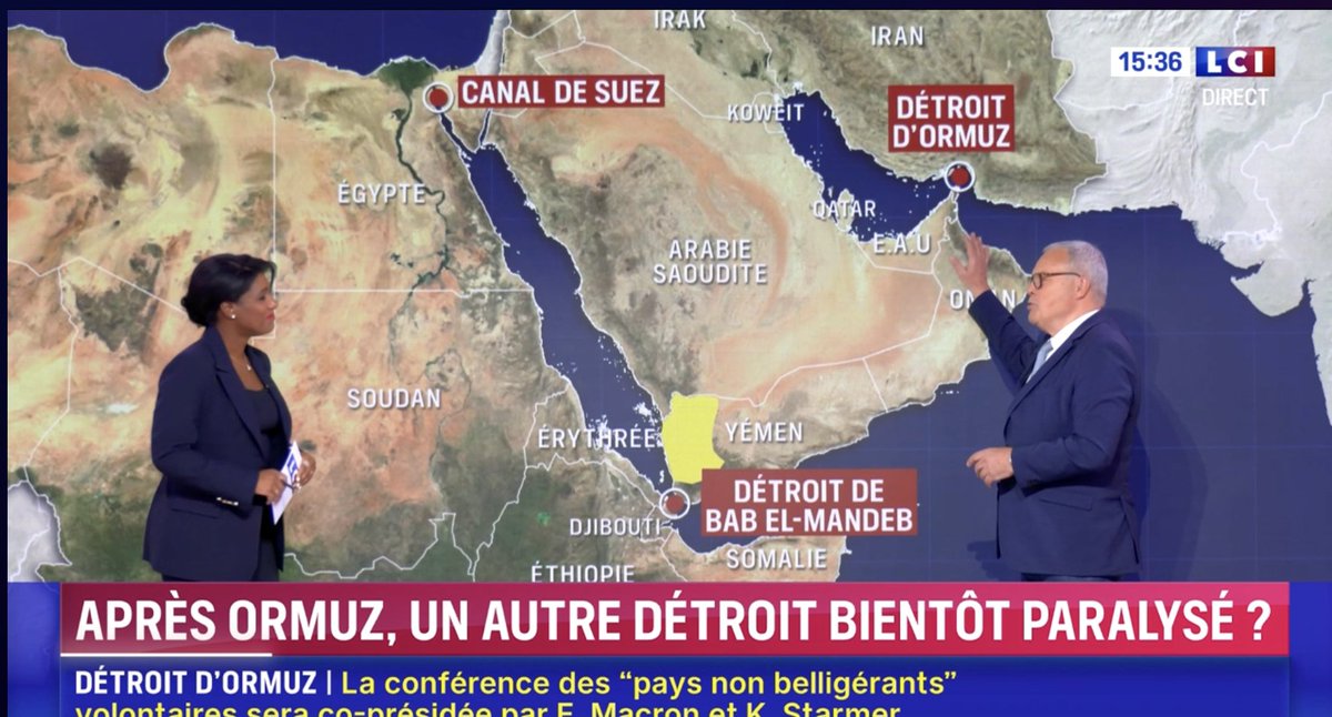 tcabarrus's tweet photo. Après le blocus du détroit d'Ormuz par les Iraniens, c'est le tour des Houtis du Yémen, des proxis de l'Iran, de menacer de bloquer le détroit de Bab El Mandeb. https://t.co/iIJmOo5j4y