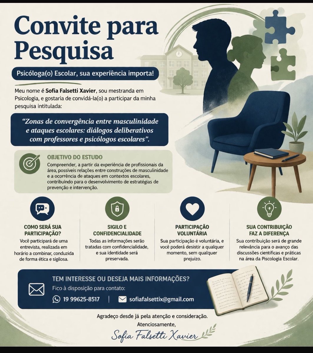 Pessoal, estou procurando por PSICÓLOGOS ESCOLARES para participarem da minha pesquisa!