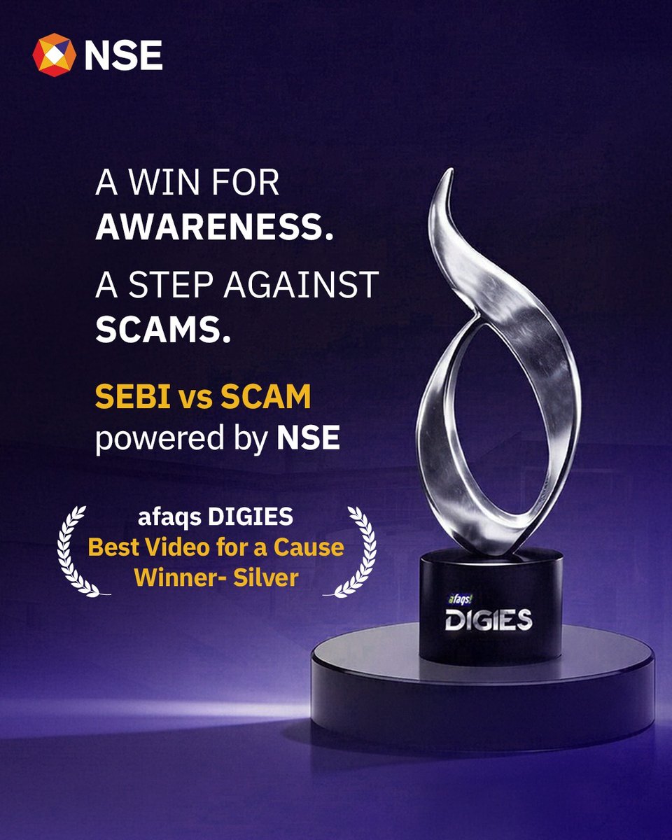 NSEIndia's tweet image. Not every win is measured in numbers. Some are measured in the impact it creates.

We're proud to see our campaign SEBI vs SCAM win Silver for Best Video for a Cause at the Afaqs Digies . The campaign was built to inform, empower and safeguard investors.

#NSE #NSEIndia #SEBI