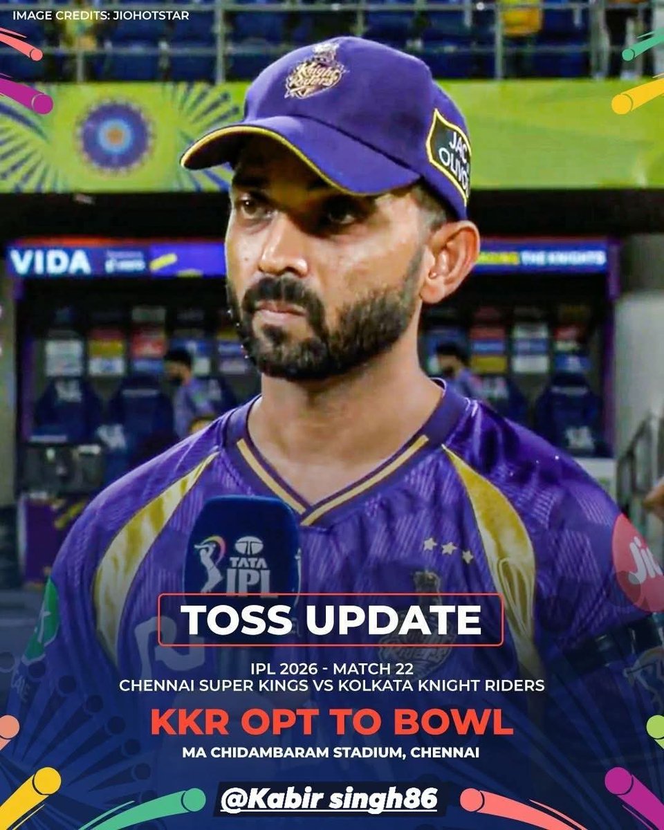 🚨 𝑻𝑶𝑺𝑺 𝑼𝑷𝑫𝑨𝑻𝑬 🚨

KKR skipper Ajinkya Rahane has won the toss and opted to bowl first against CSK! 🪙
Kabir singh86 follow gyus 🙏 
#CSKvKKR #ipl2026  #Sportskeeda