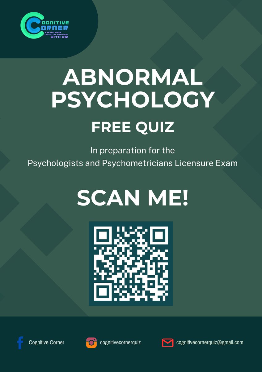 cogcorquiz's tweet photo. ABNORMAL PSYCHOLOGY QUIZ!
Difficulty Level: EASY
Kindly use QR Code below to access the quiz. Good luck, fRPm and fRPsy! 💚
#CognitiveCorner #AbnormalPsychology #PmLE2026 #PsLE2026 #PPLE2026 #rpmtwt #rpsytwt https://t.co/1m3bnClaJ0