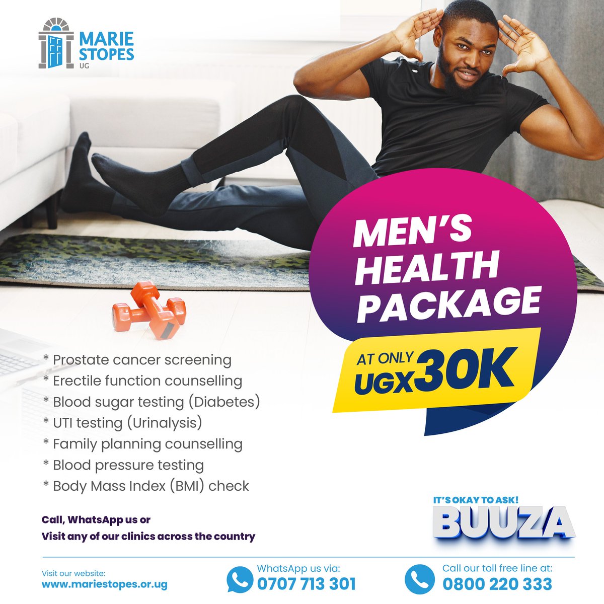 MarieStopesUg's tweet photo. Did you know most men avoid check-ups until it’s too late? Break the cycle. 

Get the Men’s Health Package for just UGX 30K and know your status early. Offer only available at our centers. Reach us on WhatsApp at 0707 713301 or call 0800220333 today to book your appointment!