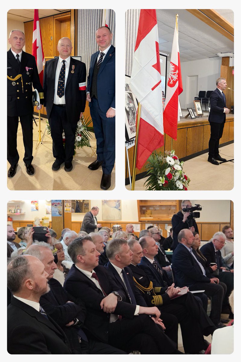 PLinCanada's tweet photo. 🇵🇱 Last Saturday, we joined Polonia in commemorating the anniversaries of the Katyń Massacre and the Smoleńsk air disaster.

The Katyń Massacre of 1940 was a series of systematic mass executions carried out by the communist NKVD of nearly 22,000 Polish officers, police, border guards, and members of the intelligentsia. It was a Soviet Russia attempt to erase the most educated strata of Polish society.

The Smolensk air disaster of 2010 was a tragedy in which Poland’s leadership, including President Lech Kaczyński, lost their lives while travelling to commemorate the victims of the Katyń Massacre of 1940.

On this occasion, on behalf of Deputy Prime Minister and Minister of National Defence @KosiniakKamysz, Ambassador @WitoldDzielski had the honour of awarding Mr Andrew Kavchak the Gold Medal of the Polish Armed Forces for his outstanding dedication to preserving the memory of Katyń Massacre in North America. In the laudation, Defence Attaché to Canada, Captain (Navy) Paweł Podgórny, highlighted Mr Kavchak’s extensive work and lifelong commitment. Mr Kavchak is the grandson of Major Stanisław Kawczak, who was murdered in 1940 in Katyń.

Many thanks to The Oskar Halecki Institute in Canada for organising this meaningful event, and to our special guests from the @malopolskaPL Regional Assembly.

***
@Polska  @MON_GOV_PL