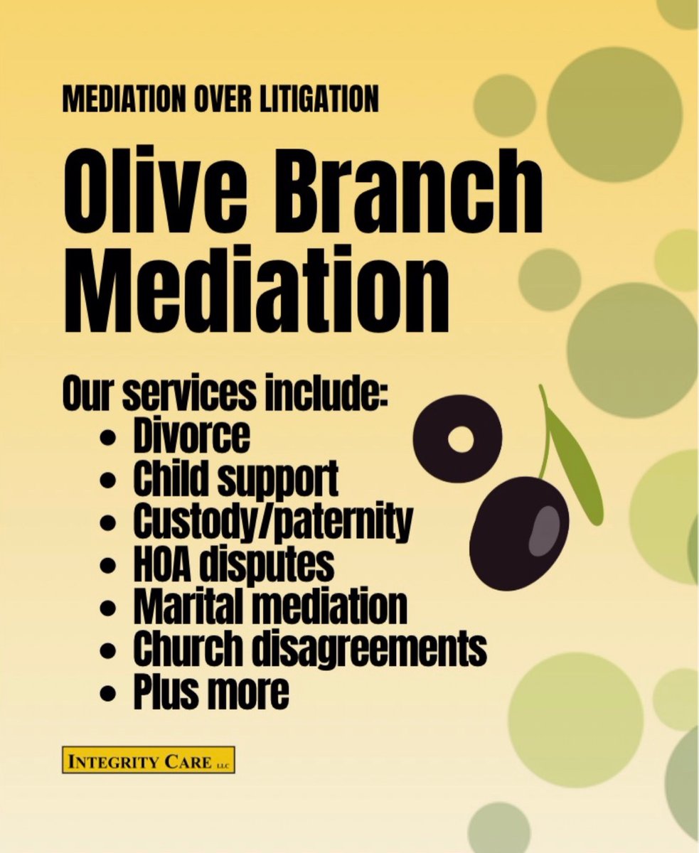 INTEGRITYCAREWL's tweet photo. To learn more about Olive branch mediation contact us today at 765-650-1779. #mediation #olivebranch #mediationservices https://t.co/wyUe9JhQv9