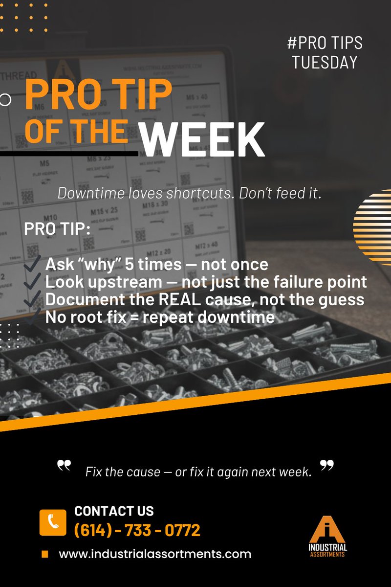 IndAssortments's tweet image. Downtime loves shortcuts. Don’t feed it.
If you’re fixing the same issue twice… you didn’t fix it.
Fix the cause — or fix it again next week.
#ProTipTuesday #Maintenance #IndustrialLife #Reliability #RootCause #Downtime #LeanManufacturing