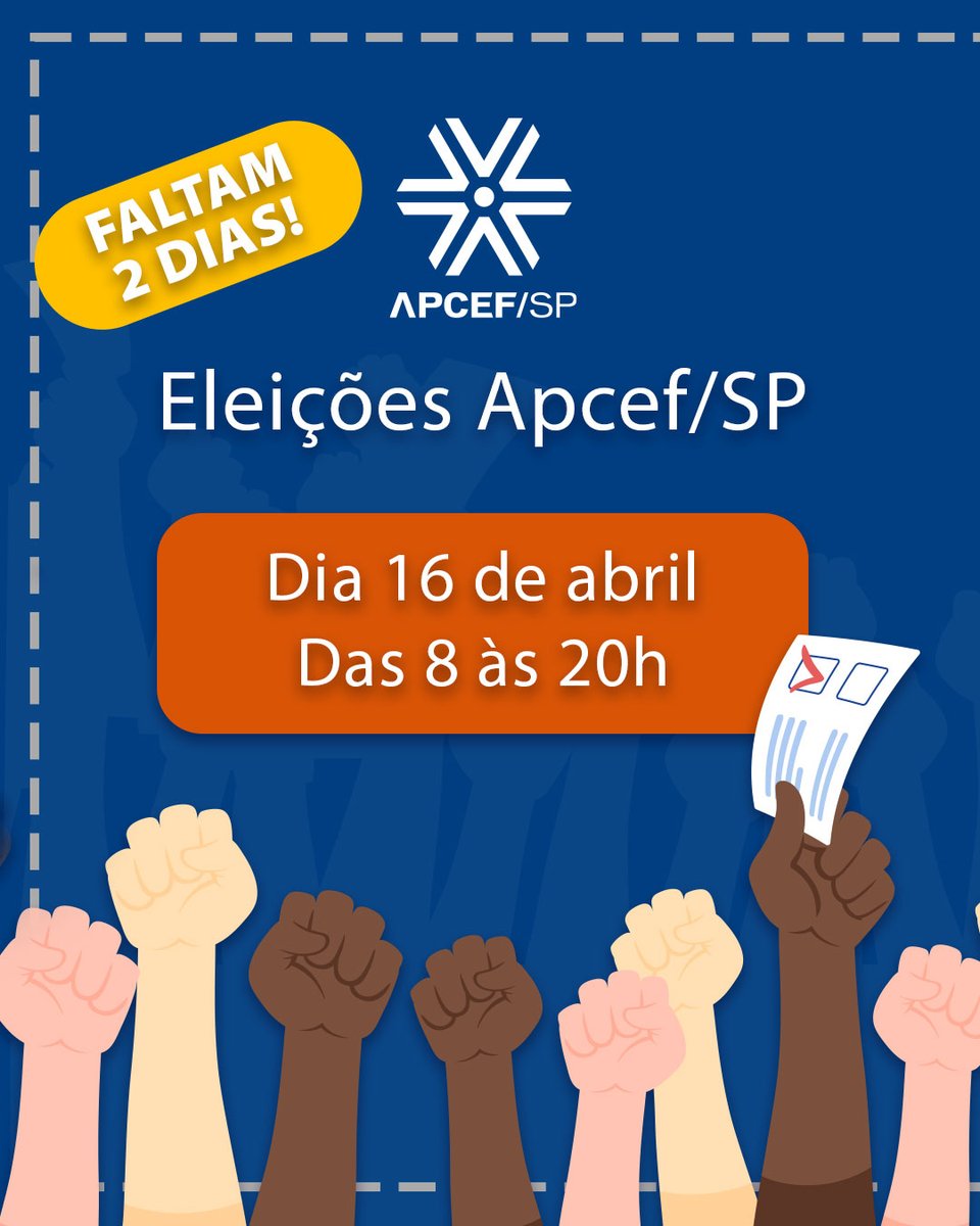 Eleições Apcef/SP acontecem nesta quinta-feira (16/4), das 8h às 20h! Votação online: apcefsp.votabem.com.br. Haverá pontos de apoio nas unidades da Apcef/SP. Mais informações: apcefsp.org.br/eleicoes-2026