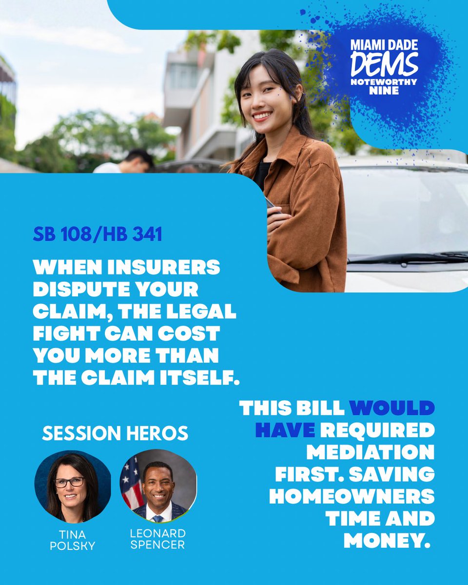 MiamiDadeDems's tweet image. SB 108/HB 341: 
Introduced by Democrats to require mediation for insurance claims and save YOU money! 

BLOCKED by Republicans

BLOQUEADO por los republicanos.

BLOKE pa Repibliken yo

#florida #insurance #foryou #money