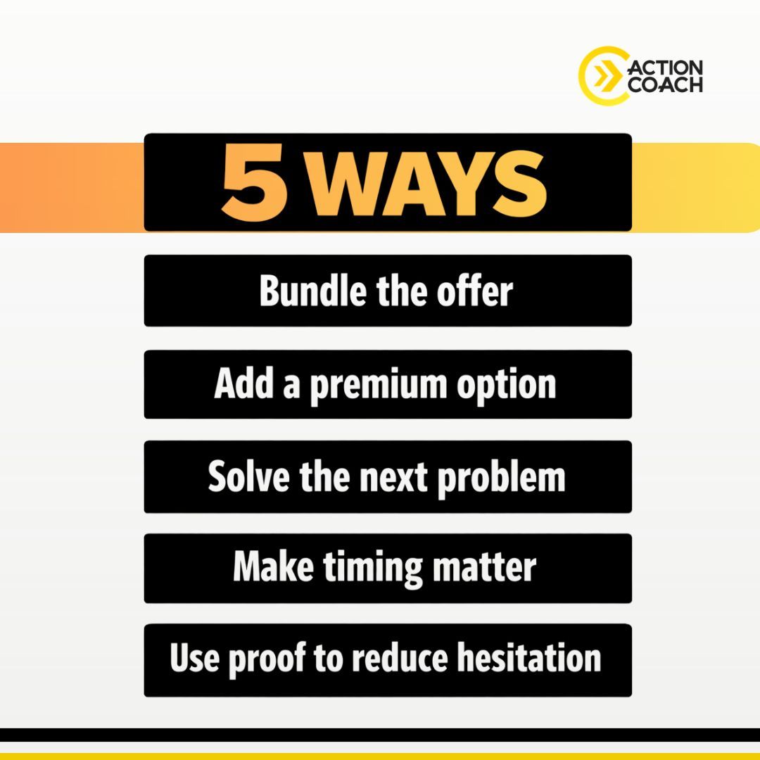 You don’t always need more customers.

Sometimes you need customers to spend more.

5 ways:
1. bundle the offer
2. add a premium option
3. solve the next problem
4. make timing matter
5. use proof

DM PREP.