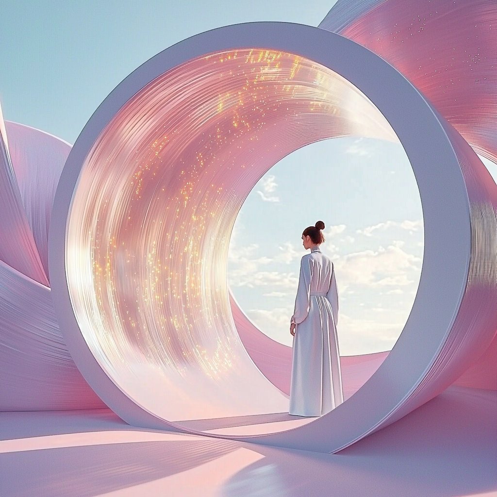 MuseionObsessed's tweet photo. Pink cosmic portal swirls with golden stardust.

A lone woman in white stands at the edge of infinity. One step into the dream? 🌌

#artworks #musa #ethereum https://t.co/oMJ9YRIJo3