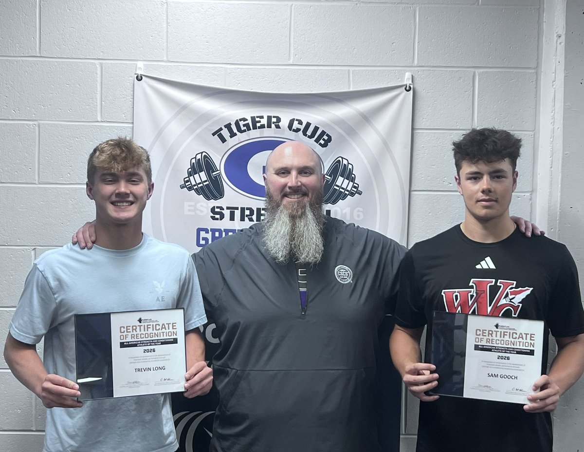 TigerCubPower's tweet photo. Yesterday I got to present to our 4 Senior Athletes who earned the NSCA All American Award. Congrats to Meilani York, Makenzie Creviston @ghs__softball @ghstcfootball @GCTCBaseball @ghs_vb @tennis_hs @GHS_BoysBball @GHSTigerCubs @GHSPurplePride @samgooch910 @trevinlong8 https://t.co/ZsfAo6yYKn