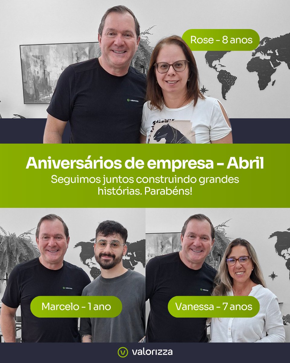 VALORIZZA's tweet photo. Abril é um mês de celebrar trajetórias sólidas na Valorizza.

Expressamos nosso reconhecimento à Rose, Vanessa e Marcelo por mais um ciclo de dedicação. 

Parabéns pelos marcos de carreira alcançados! https://t.co/I9WAoufUjK