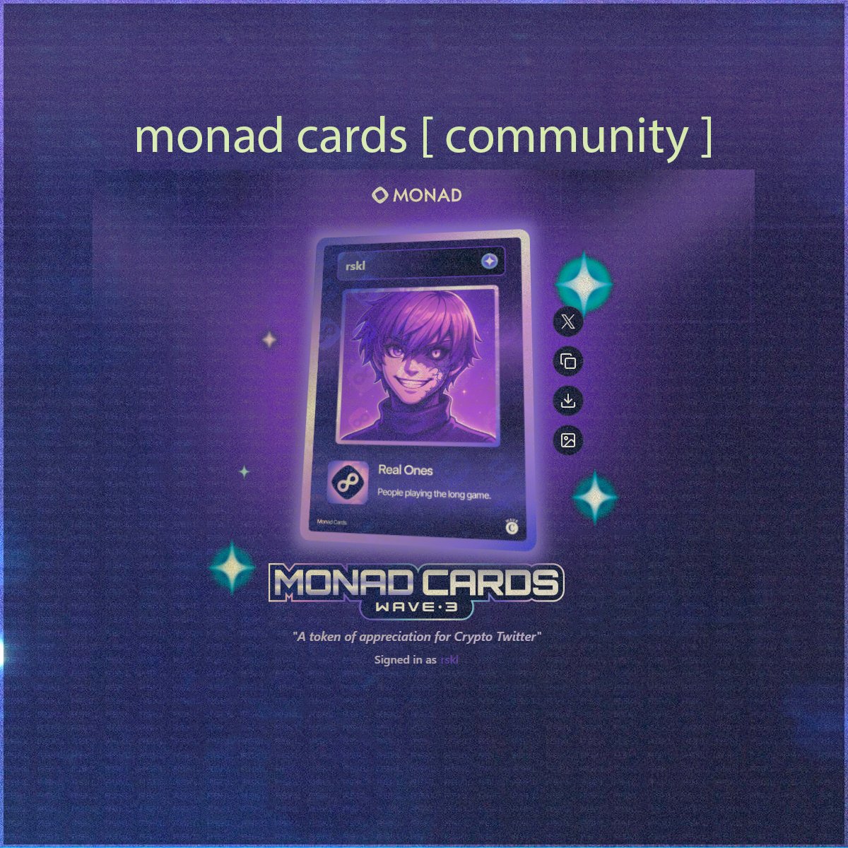 rsklwtf's tweet image. [monad cards: community]

&amp;gt; 1250 cards
&amp;gt; only @monad community members
&amp;gt; only one tier of cards (real ones)

(my pfp looks banger on this card)

btw don't forget that we still have undistributed tokens from drop part 1