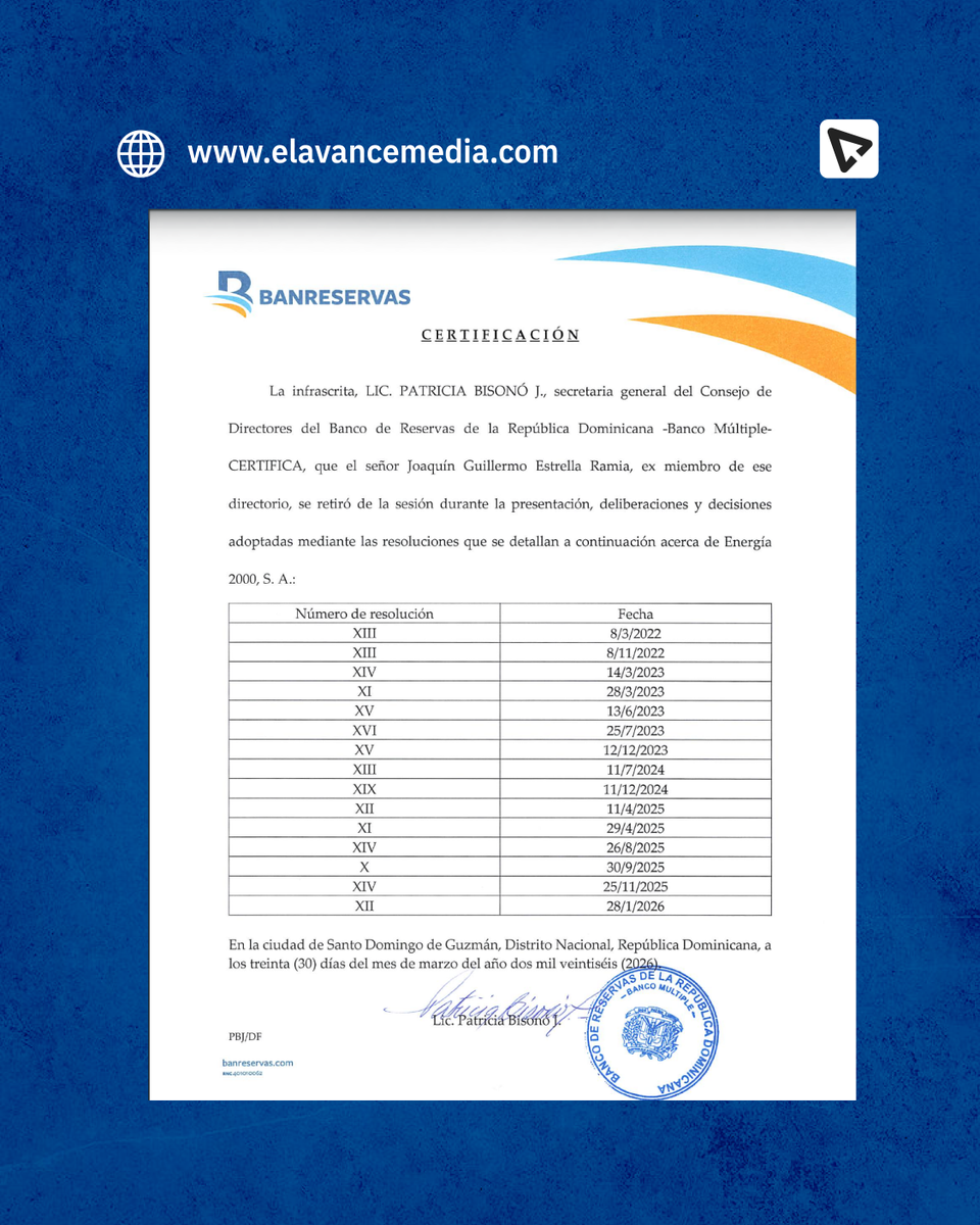 Certificación de Banreservas confirma que el abogado Guillermo Estrella Ramia no participó en decisiones sobre el financiamiento de Manzanillo Power Land. El documento indica que se retiró de las entre 2022 y 2026.

#Manzanillo #Banreservas #Elavancemedia