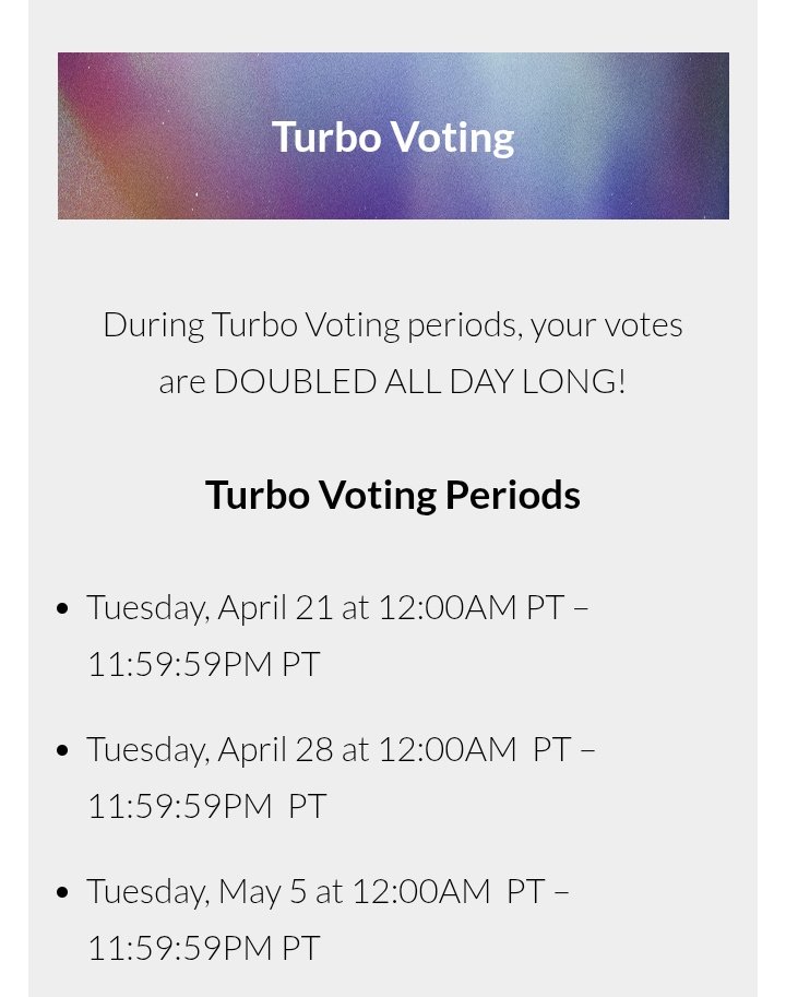 🗳️ Períodos de Votação Turbo American Music Awards (BRT)

Esses são os dias e horários em que os votos no #AMAs 2026 serão dobrados:

📅 21 de abril (terça-feira)
🕓 Início: 04:00hrs 
🕓 Fim: 03:59hrs (22/04)

📅 28 de abril (terça-feira)
🕓 Início: 04:00hrs 
🕓 Fim: 03:59hrs