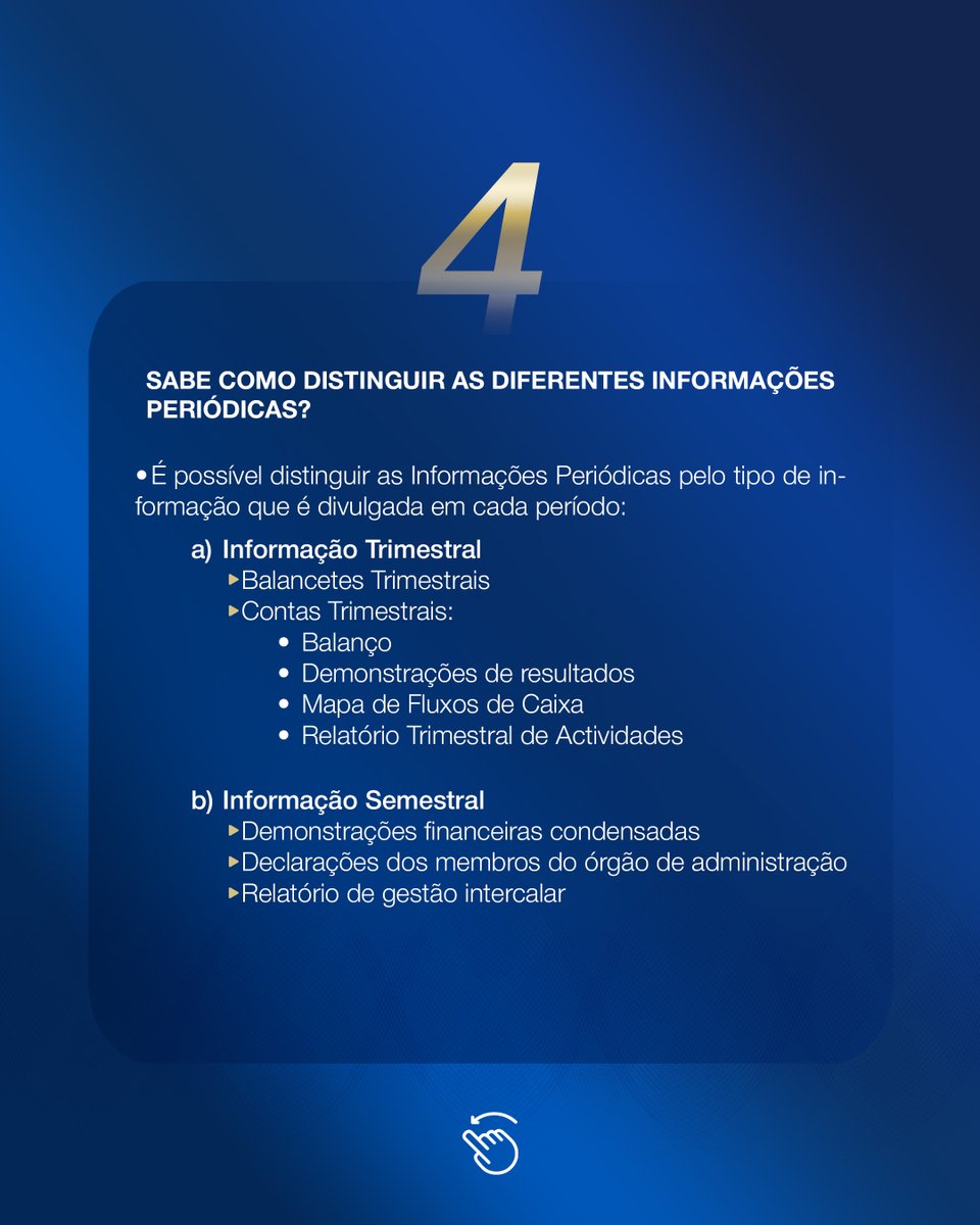 cmc_ao's tweet image. Está a cumprir corretamente os deveres de informação da sua empresa?

A transparência no mercado de capitais não é opcional — é essencial. Esta fact sheet da CMC explica, de forma simples e direta, quais são as obrigações de divulgação de informação dos emitentes.

#Angola #CMC