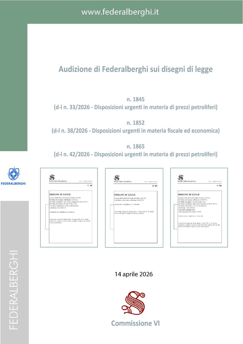 federalberghi's tweet photo. La Commissione 6a del Senato (Finanze e Tesoro), nella seduta del 14 aprile 2026, ha svolto l'audizione di Federalberghi sui disegni di legge in materia fiscale ed economica e in materia di prezzi petroliferi.

https://t.co/5AFaagg3xa https://t.co/24GsxzAPvd