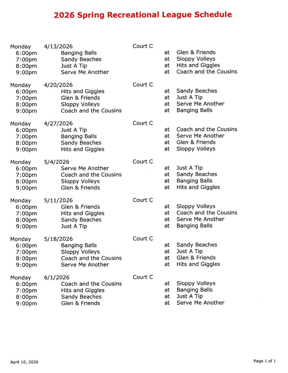 ToFVolleyball's tweet photo. Below is the 2026 Spring Rec League schedule. https://t.co/S8NQIK2QN1