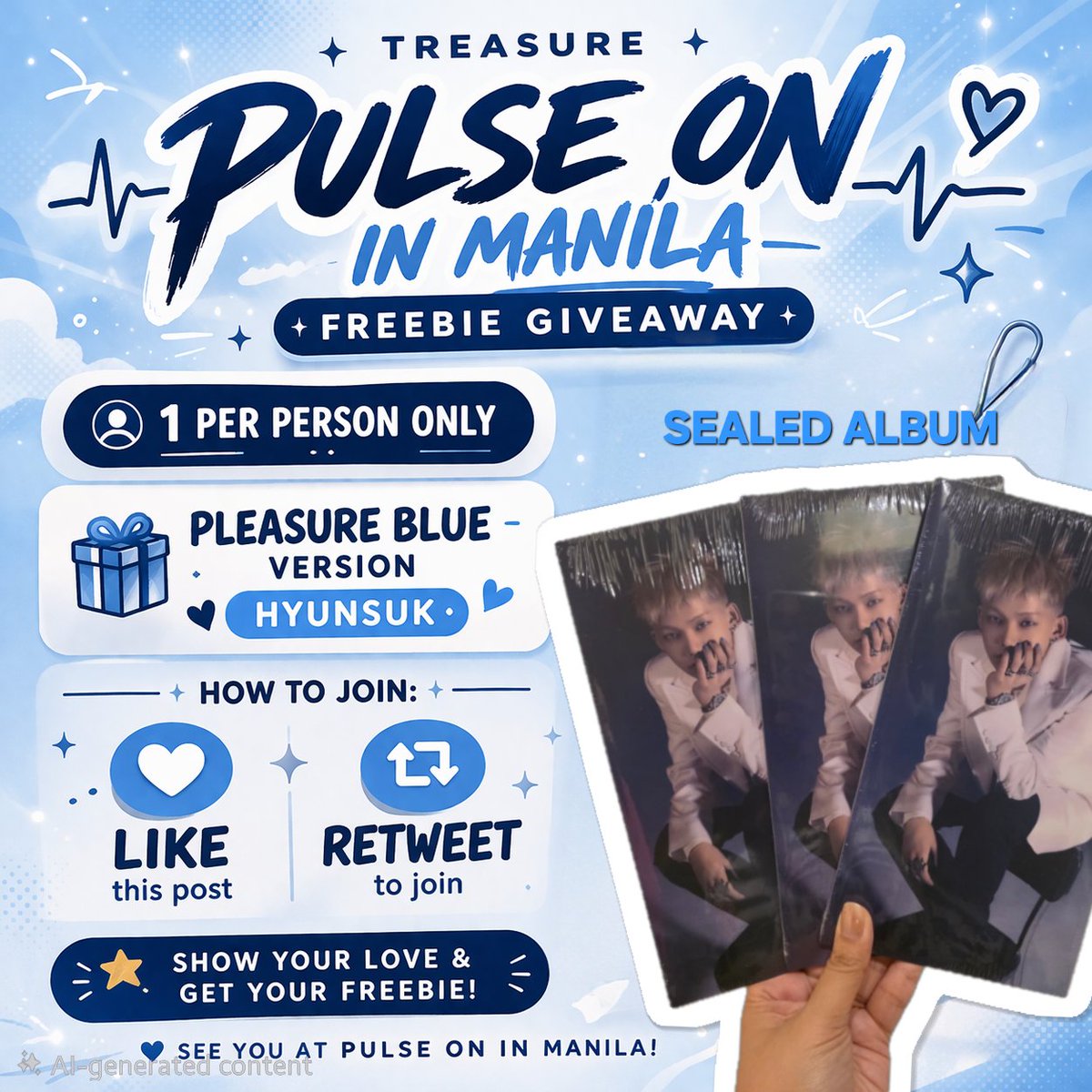 𝕻𝖚𝖑𝖘𝖊 𝕺𝖓 𝖎𝖓 𝕸𝖆𝖓𝖎𝖑𝖆 𝕱𝖗𝖊𝖊𝖇𝖎𝖊𝖘 💎

📌 Sealed Pleasure Album (Hyunsuk Version)
📌Strictly 1:1, until supplies last
📌Like and Retweet
📍Around MOA Arena

#TREASURE_PulseOnMNL
#Hyunsuk #최현석 #TREASURE #트레저