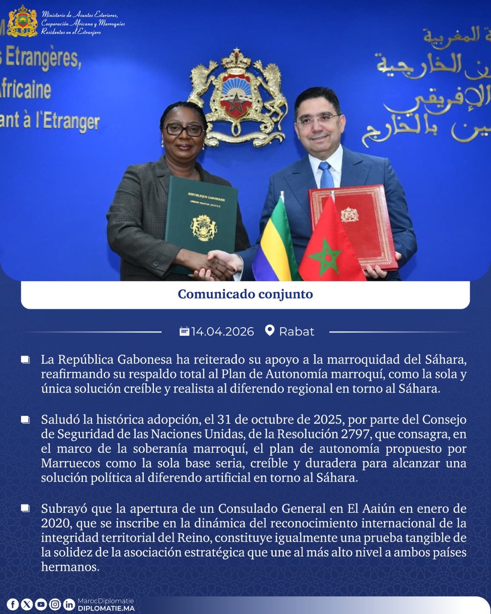 DiplomaciaM's tweet photo. #Sáhara_marroquí: La República Gabonesa ha reiterado su apoyo a la marroquidad del Sáhara saludando la adopción histórica de la Resolución 2797 del Consejo de Seguridad de las Naciones Unidas (Comunicado conjunto) https://t.co/ldwFEBz66B