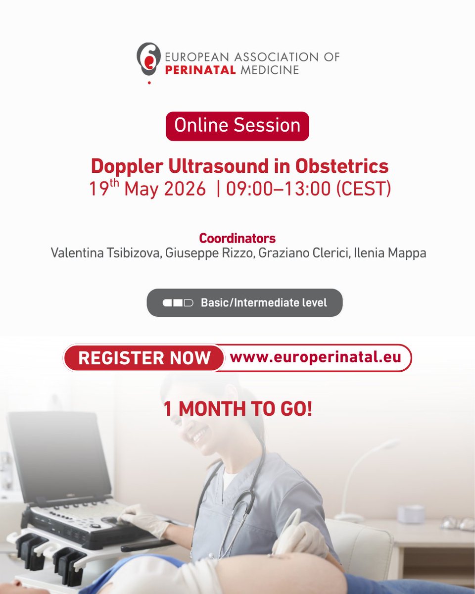 EUperinatal's tweet photo. 1 month left until the #EAPM Course on 19 May to be led by distinguished experts in #obstetrics to advance your knowledge, and standardize your maternal–fetal hemodynamic assessment skills using Doppler ultrasound.

Register for Online Part✅: https://t.co/Wy2QOi4Kff https://t.co/e9ut6ngb6J