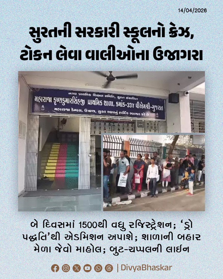 Divya_Bhaskar's tweet image. સુરતની સરકારી સ્કૂલનો ક્રેઝ, ટોકન લેવા વાલીઓના ઉજાગરા; બે દિવસમાં 1500થી વધુ રજિસ્ટ્રેશન; 'ડ્રો પદ્ધતિ'થી એડમિશન અપાશે; બુટ-ચપ્પલની લાઈન જોઈ ચોંકી જશો - divya.bhaskar.com/5jFWWatek2b

#Gujarat #Surat #GovernmentSchool #GujaratGovernmentSchool