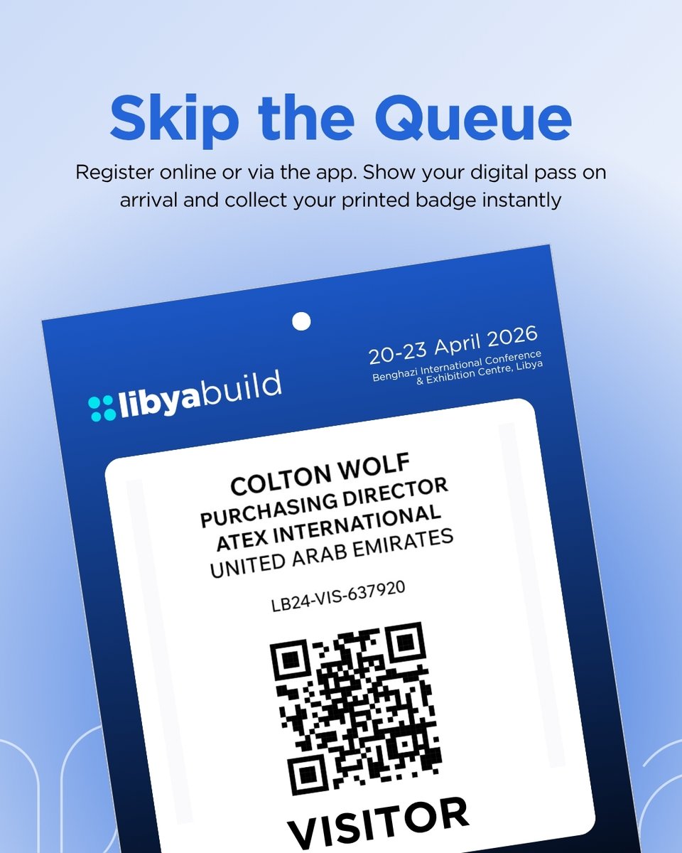 Skip the queue ⏱️🚀

Register online or via the app, show your digital pass &amp; get instant entry at Libya Build Benghazi.

Plan ahead, explore exhibitors &amp; start networking faster.

Register your visit now:
 libyabuildbenghazi.com/visit/visitor-…