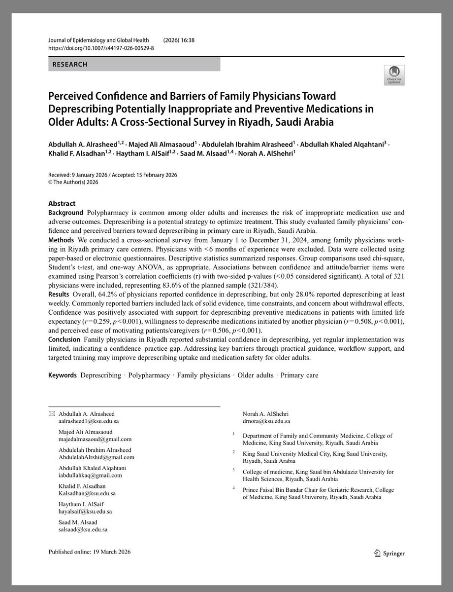 abdulelahir's tweet photo. Latest Q1 Publication

🔗 https://t.co/SFcBaObK6O

“Perceived Confidence and Barriers of Family Physicians Toward Deprescribing in Older Adults: A Cross-Sectional Survey in Riyadh, Saudi Arabia”

Deprescribing = safer care for older adults

Aligned with #Vision2030 https://t.co/J588lyDAEx